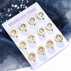 Золотой 304 плоские круглые серьги-гвоздики из нержавеющей стали, с микро проложить кубического циркония, вакуумное покрытие pvd, золотые, 11 мм, 6 пар / набор
