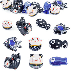 Черный 12шт. фарфоровые бусины ручной работы с принтом, разнообразные, чёрные, 14~19x10~22x7~20 мм, отверстие : 1.5~2 мм, 2 шт / стиль