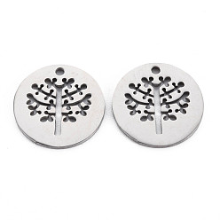 Stainless Steel Color Non-Tarnish 304 Stainless Steel Pendants, Laser Cut, Flat Round with Tree, Stainless Steel Color, 20x1.5mm, Hole: 1.8mm