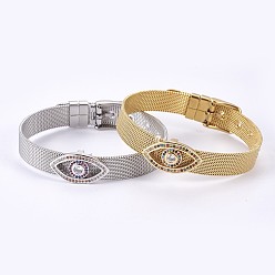 Mixed Color Unisex 304 Stainless Steel Watch Band Wristband Bracelets, with Brass Micro Pave Cubic Zirconia Slider Charms, Evil Eye, Mixed Color, 8-5/8 inch(21.8cm), 10mm