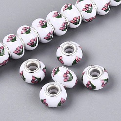 Цветок Непрозрачная смола европейский бисер, RONDELLE большие шарики отверстия, с латунными сердечниками с серебряным покрытием, фламинго, цветок, 13.5~14x9 мм, отверстие : 5 мм