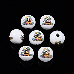 Egg Easter Theme Printed Wooden Beads, Round, Mixed Color, Easter Theme Pattern, 15.5~16x15mm, Hole: 3.5mm