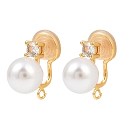 Настоящее золото 18K Круглые латунные латунные микропаве прозрачные кубические цирконии фурнитура для ушей, с искусственными жемчужинами и петлями из АБС, долговечный, без никеля , реальный 18 k позолоченный, 19x10x19 мм, отверстие : 1.5 мм