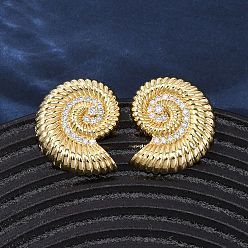 Настоящее золото 18K Серьги-гвоздики из латуни с микропаве из прозрачных кубических цирконий в форме ракушки, формы раковины, без кадмия и без свинца, стойки покрытие, долговечный, реальный 18 k позолоченный, 24x20.5 мм