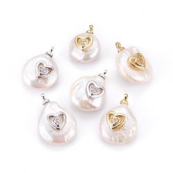 (52) Непрозрачная лаванда Подвески из натурального пресноводного жемчуга, с латунным кабошоном из циркония, долговечный, самородки с сердцем, разноцветные, 14~18x10.5~13x7~9 мм, отверстие : 1.5 мм