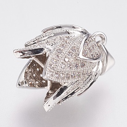 Платина Латунь микропаве из кубического циркония, 4-лепестков цветка, без свинца и без кадмия, бутон, прозрачные, платина, 10x16 мм, отверстие : 3x4 мм