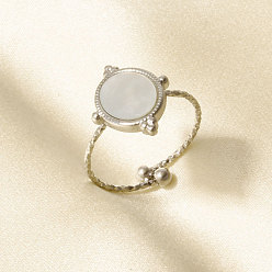 Нержавеющая Сталь Цвет 304 Открытые кольца-манжеты из нержавеющей стали с натуральными ракушками для женщин, круглые, цвет нержавеющей стали, 16 мм, внутренний диаметр: 17 мм