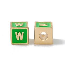 Letter W Стойки покрытие латунь эмаль бисер, без кадмия, без никеля и без свинца, реальный 18 k позолоченный, куб с письмом, зеленый лайм, буква.w, 6x6x6 мм, отверстие : 2.5 мм