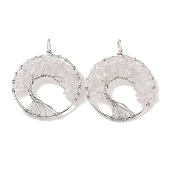 Опал Opalite большие подвески, с платиновой и латунной фурнитурой, долговечный, без свинца и без кадмия, плоские круглые с деревом, 62x49x6~13 мм, отверстие : 7x4 мм