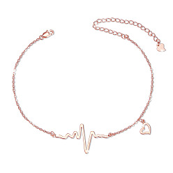Rose Gold 925 Sterling Silver Link Anklets, with Cable Chains, Heartbeat and Heart, Rose Gold, 8-1/4 inch(21cm)