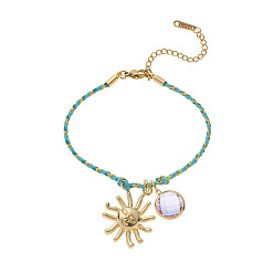 Солнце 304 браслеты с подвесками из нержавеющей стали, эмали, страз, стекла и хлопкового шнура, реальный 18 k позолоченный, солнце, 6.30 дюйм (16 см)
