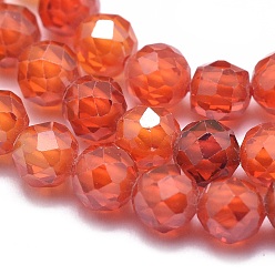 Tomato Cubic Zirconia Beads Strands, Faceted, Round, Tomato, 3mm, Hole: 0.5mm, about 132pcs/strand, 15 inch(38cm)