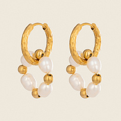 Real 18K Gold Plated 304 Stainless Steel with Natural Freshwater Pearl Hoop Dangle Earrings for Women, Real 18K Gold Plated, 26.8x17.3mm