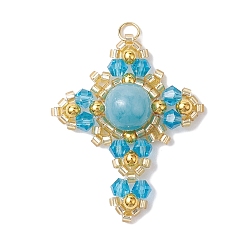 Машан Нефрит Подвески из натурального нефрита машан (окрашенного) и стеклянных и латунных бусин, крест прелести, золотые, глубокое синее небо, 33x26x8 мм, отверстие : 2.8 мм