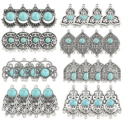 Antique Silver 32Pcs 8 Styles Alloy with Synthetic Turquoise Chandelier Component Links, Flower Flat Round Arch Shape, Antique Silver, 28~40x21~28mm, 4pcs/style