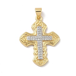 Настоящее золото 18K Латунные микропаве прозрачные подвески с фианитом, крест прелести, реальный 18 k позолоченный, 28x21x2.5 мм, отверстие : 4 мм