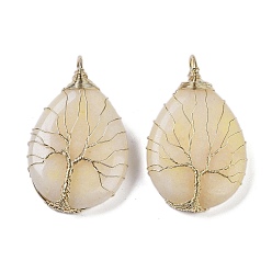 White Jade Natural White Jade Dyed Big Pendants, Teardrop Charms with Copper Wire Wrapped Tree, Golden, Lemon Chiffon, 49~51.5x31x10~11mm, Hole: 6x5.5mm