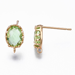 Light Green Brass Stud Earring Findings, with Glass and Loop, Long-Lasting Plated, Oval, Light Gold, Light Green, 11.5x7.5mm, Hole: 1mm, Pin: 0.7mm