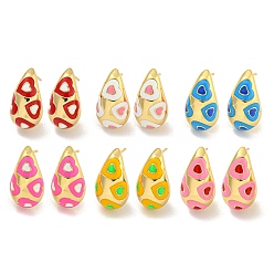 Mixed Color Rack Plating Brass Hoop Earrings, with Enamel, Cadmium Free & Lead Free, Long-Lasting Plated, Real 18K Gold Plated, Teardrop with Heart, Mixed Color, 20x12mm