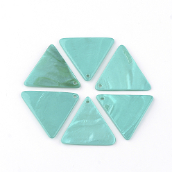 Cyan Freshwater Shell Pendants, Dyed, Triangle, Cyan, 23~24x26~28x1.5~2.5mm, Hole: 1.5mm