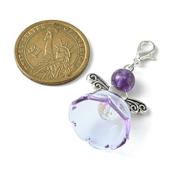 Amethyst Natural Amethyst Pendant Decorations, with Glass Beads and Alloy Lobster Claw Clasps, Angel, 45mm