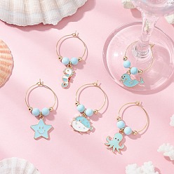 Mixed Shapes Подвесные украшения на тему океана, с подвесками из сплава эмали, латунными кольцами-подвесками для бокалов вина, латунными бусинами-разделителями и бусинами из натурального говлита, разнообразные, 43.5~51 мм