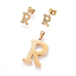 Letter R 304 стали подвески и серьги-гвоздики комплекты ювелирных изделий из нержавеющей, алфавит, буква r, 20~23x13~19x1.5 мм, отверстия: 6x3 mm, 6~10x6~9x1 mm, штифты : 0.8 мм