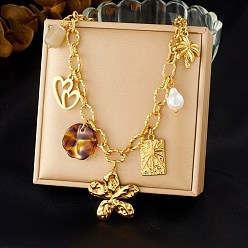 Flor 304 Collares babero multicolgante de acero inoxidable, resina y perlas de imitación para mujer, dorado, flor, 16.38 pulgada (41.6 cm)