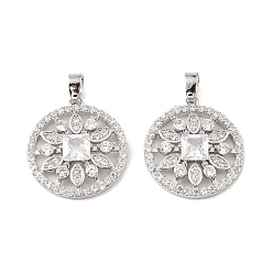 Платинированный Подвески из латуни и прозрачного циркония, плоские круглые подвески с цветочным узором, Реальная платина, 21x18.5x3.5 мм, отверстие : 5x2.5 мм