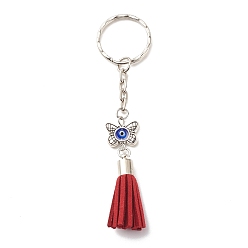 Evil Eye Faux Suede Tassel & Tibetan Style Alloy Pendant Keychain, with Handmade Evil Eye Lampwork and Iron Split Key Rings, Butterfly Pattern, 10.4cm