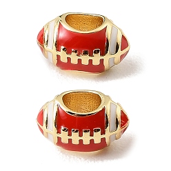 Rugby Pelota deportiva latón esmalte cuentas europeas, abalorios de grande agujero, larga duración plateado, sin plomo y cadmio, real 18 k chapado en oro, rugby, 12x7x8 mm, agujero: 4.4x4.6 mm