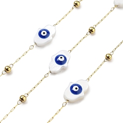 Настоящее золото 18K 304 кабельные цепи из нержавеющей стали, с ракушкой и эмалью, текстурированные овальные цепные цепи, пайки, ионное покрытие (ip), с катушкой, рука со сглазом, реальный 18 k позолоченный, 11.5~12x7.5~8x3.5 мм, около 32.81 футов (10 м) / рулон