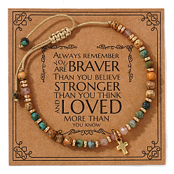 Смешанные камни Браслеты с подвесками в виде латунных крестиков на день рождения, Регулируемые браслеты из натуральных круглых бусин с драгоценными камнями для мужчин, золотые, с открытки, 11.02 дюйм (28 см)