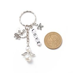 Antique Silver Valentine's Day Letter Bead Love and Star with Word Just For You Keychains, Beaded Pearl Angel Wing Keychains, Antique Silver, 8.05cm