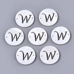 Letter W Natural Freshwater Shell Links Connectors, Flat Round with Letter, Letter.W, 14.5x1.5mm, Hole: 0.9mm