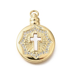 Настоящее золото 18K Подвески в форме ракушек из латуни с микропаве и кубическим цирконием, с целью перехода в кольце, без кадмия и без свинца, круглые с крестом, реальный 18 k позолоченный, 27x20.5x4 мм, отверстие : 3.5 мм