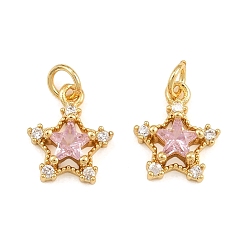 Pink Латунные микро проложить кубического циркония прелести, звезды прелести, реальный 18 k позолоченный, розовые, 10.5x9x4 мм, отверстие : 2.3 мм