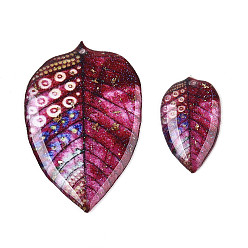 Камелия 2 шт. подвески из прозрачной эпоксидной смолы в виде листьев, с золотой фольгой и блестками, камелия, 37x24.5x2 мм, отверстие : 1.2 мм