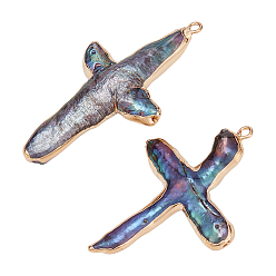 Черный Подвески из окрашенного натурального пресноводного жемчуга кеши., крестики-подвески с петлями из сплава, золотые, чёрные, 44.5~50x24.5~30.5x8.5 мм, отверстие : 1.8 мм