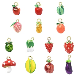 Mixed Shapes 14 Stk. 14 Stile Legierungsemail-Anhänger, golden, Früchte und Gemüse, Mischformen, 12.5~19x6~12x7~9.5 mm, Bohrung: 1.6~2 mm, 1 pc / style