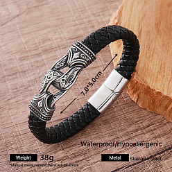 Others Vintage 304 Stainless Steel Men's Braided PU Leather Bracelets with Metal Magnetic Clasps, Black, Antique Silver, Knot, Inner Diameter: 2.76 inch(7cm)