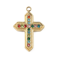 Разноцветный 304 из нержавеющей стали горный хрусталь подвески, крест прелести, ионное покрытие (ip), реальный 18 k позолоченный, красочный, 21.5x14.5x2 мм, отверстие : 1.6 мм