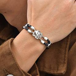 Platinum Alloy Elephant Link Braided Imitation Leather 2-Strand Bracelets, Black, Platinum, 8.27 inch(21cm)