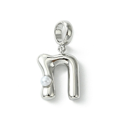 Letter N Покрытие стойки латунь с АБС-пластиком жемчуг европейские подвески, Подвески с большими отверстиями, долговечный, без свинца и без кадмия, платина, Письмо N, 22 мм длиной, отверстие : 5 мм, Кулон : 14x11x5 мм