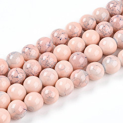 Розовый Выпечки нарисованных стеклянных бусин прядей, имитировать фарфоровые бусины, круглые, туманная роза, 9.5~10.5 мм, отверстие : 1.4 мм, около 82~84 шт / нитка, 29.92~30.71 дюйм (76~78 см)