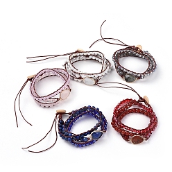 Gemstone Faceted Glass & Mixed Natural Gemstone Beaded Wrap Bracelets, with Cowhide Leather Cord and Burlap, Teardrop, 570x7mm
