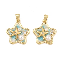Turquoise Brass Enamel Pendants, with ABS Plastic Imitation Pearl, Star with Starfish Charms, Real 18K Gold Plated, Turquoise, 22x20x5.5mm, Hole: 5x4mm