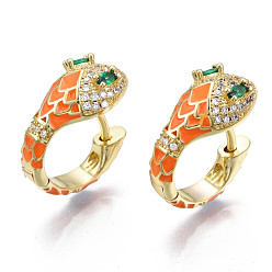 Темно-Оранжевый Серьга-кольцо в виде змеи с зеленым кубическим цирконием, массивные серьги-кольца из латуни и эмали с покрытием из настоящего золота 18k для женщин, без никеля , темно-оранжевый, 20x18.5x10 мм, штифты : 1.5 мм