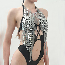 Серебро Плоские круглые акриловые пайетки на тело цепочки, сплав цепи кисточки тела цепи, серебряные, 510 мм