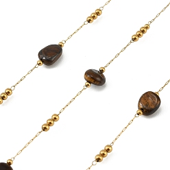 Тигровый глаз Ручная работа 316 цепочки из звеньев из нержавеющей стали в форме самородков, с 304 бусинами из нержавеющей стали и натурального тигрового глаза, ионное покрытие (ip), реальный 18 k позолоченный, пайки, с катушкой, 8.5~12.5x6~8.5x5~6 мм